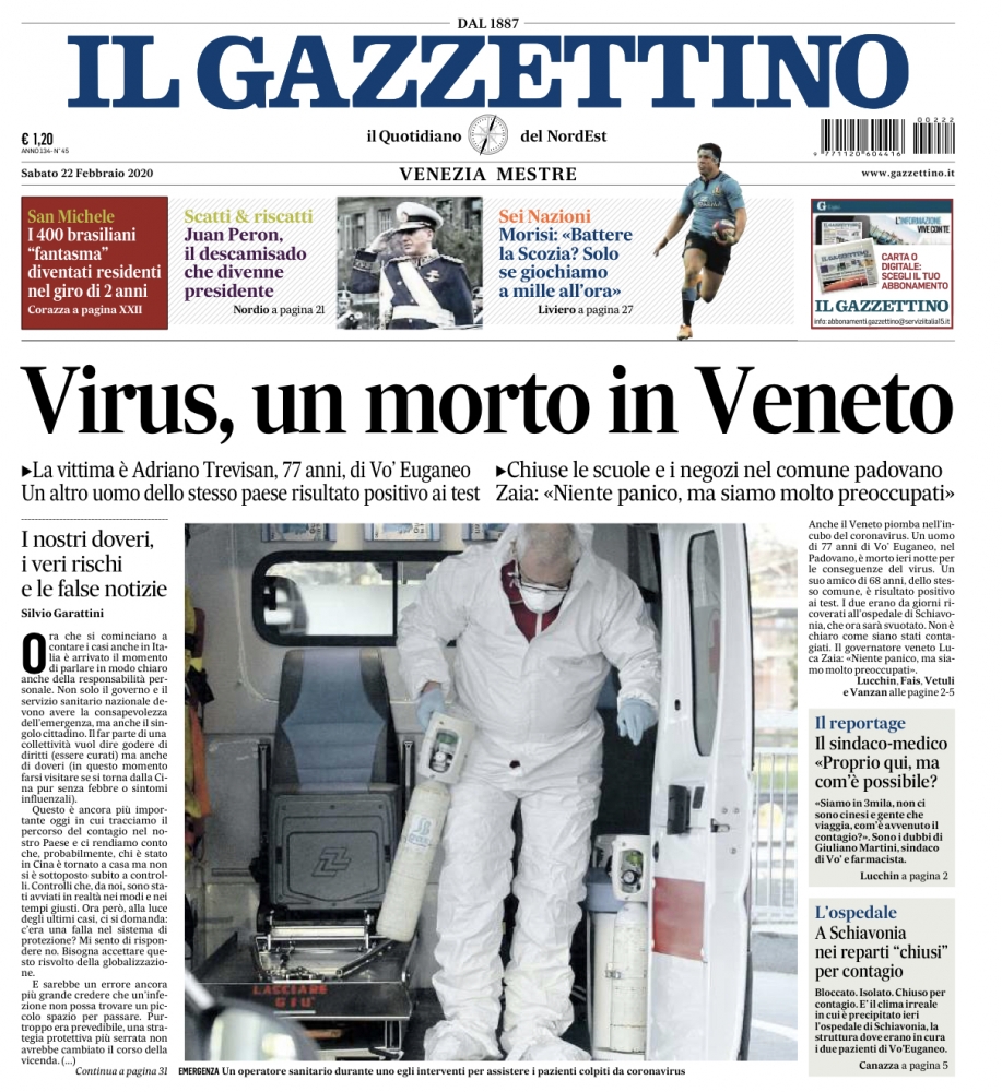 Il Gazzettino 22 2 2020 Coronavirus morto nel Veneto. OMCeO